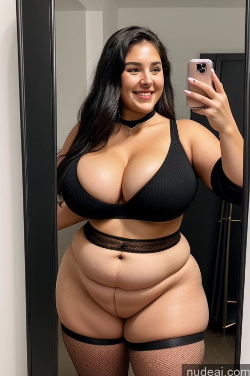 ai nude image of araffe woman taking a selfie in a mirror with a cell phone pics of Milf One Huge Boobs Beautiful Big Ass Thick Long Hair Happy Black Hair Latina Mirror Selfie Front View Choker Fishnet Sweater Chubby Fat 18