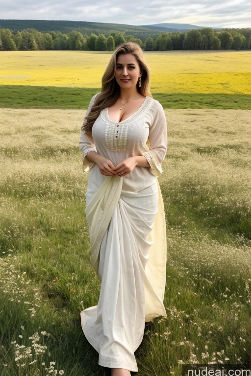 ai nude image of araffe woman in a white dress standing in a field pics of Dutch Blouse Sari Beautiful Fairer Skin Meadow Busty Big Ass