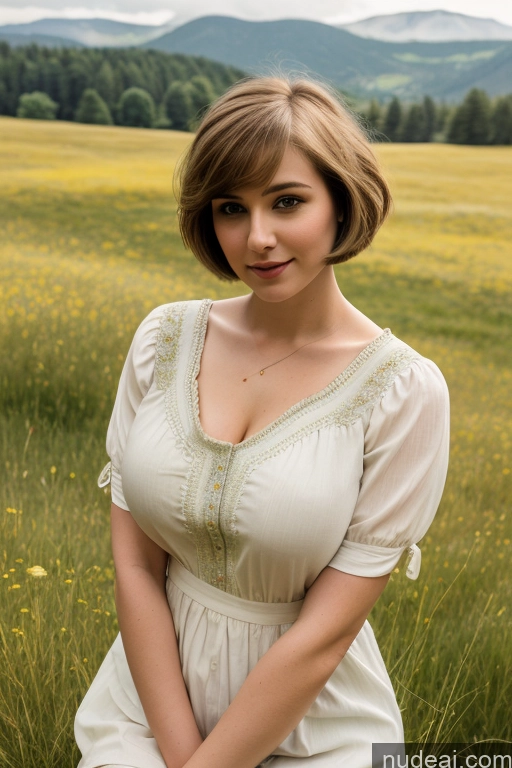 ai nude image of there is a woman in a white dress posing in a field pics of Beautiful Fairer Skin Meadow Busty Dutch Blouse Sari Short Hair