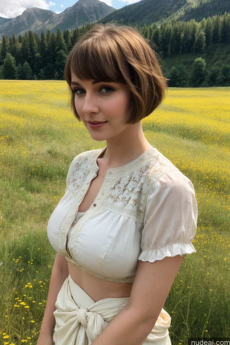 ai nude image of there is a woman standing in a field of flowers with mountains in the background pics of Beautiful Fairer Skin Meadow Busty Dutch Blouse Sari Short Hair