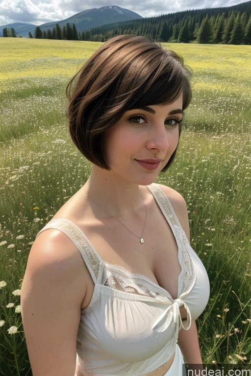 ai nude image of arafed woman in a white dress standing in a field of flowers pics of Beautiful Fairer Skin Meadow Busty Blouse Sari Short Hair Big Hips Cleavage Jewish