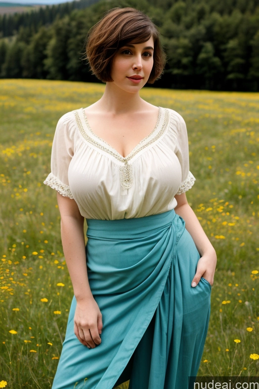 ai nude image of there is a woman standing in a field of flowers wearing a skirt pics of Beautiful Fairer Skin Meadow Busty Blouse Sari Short Hair Big Hips Jewish