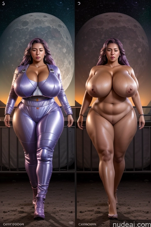 ai nude image of two pictures of a woman in a shiny outfit and a woman in a shiny bodysuit pics of Busty Pubic Hair Tanned Skin Big Ass Huge Boobs Thick Muscular Big Hips Long Legs Short Orgasm Messy Purple Hair Latina Moon Front View Space Suit Bright Lighting Woman 20s Chubby Abs Stargazing Onoff