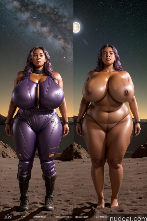 ai nude image of two women in purple bodysuits standing in the desert pics of Busty Pubic Hair Tanned Skin Big Ass Huge Boobs Thick Muscular Big Hips Long Legs Short Orgasm Messy Purple Hair Latina Moon Front View Space Suit Bright Lighting Woman 20s Chubby Abs Stargazing Onoff