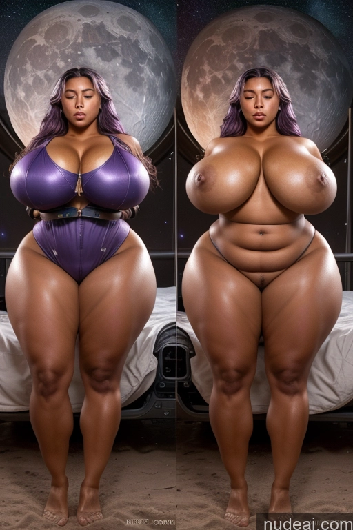 ai nude image of arafed woman in a purple swimsuit standing next to a bed pics of Busty Pubic Hair Tanned Skin Big Ass Huge Boobs Thick Muscular Big Hips Long Legs Short Orgasm Messy Purple Hair Latina Moon Front View Space Suit Bright Lighting Woman 20s Chubby Abs Stargazing Onoff