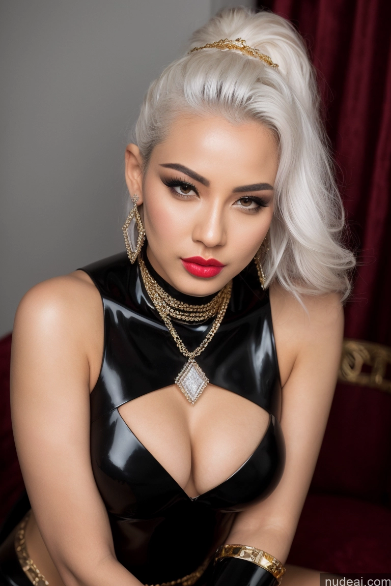 ai nude image of blond woman in latex posing for a picture in a chair pics of Cyborg One Small Tits Lipstick 20s Pouting Lips Sexy Face White Hair Slicked Asian Front View Fantasy Armor Sci-fi Armor Cleavage Partially Nude Topless Diamond Jewelry Gold Jewelry Pearl Jewelry Jewelry Nude