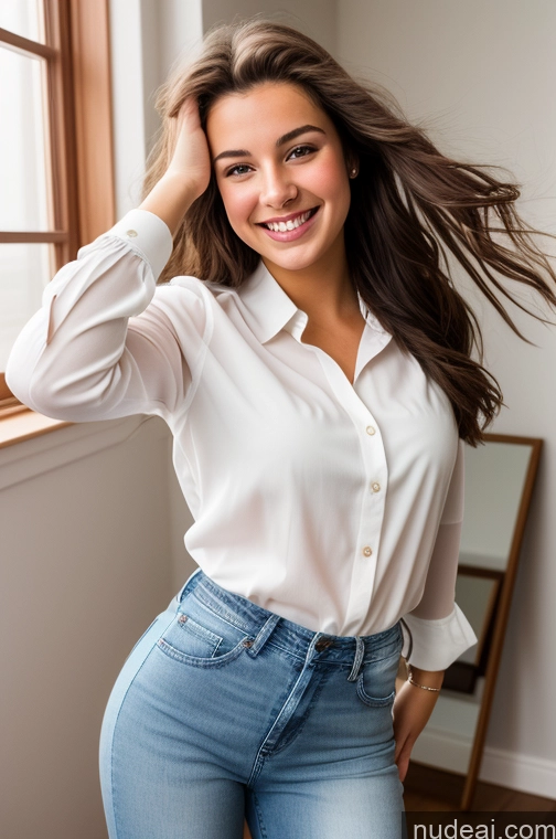 related ai porn images free for Woman Happy Brunette White Front View Jeans Blouse Bright Lighting 18