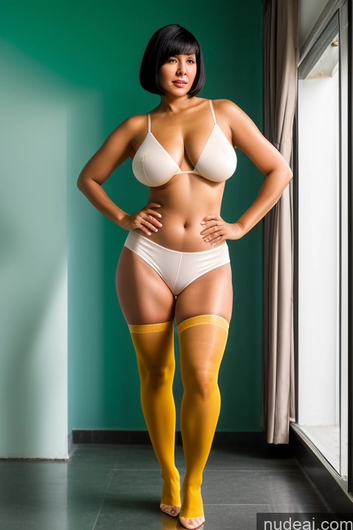 ai nude image of there is a woman in a white underwear and yellow stockings pics of Perfect Boobs Malaysian Bright Lighting Big Ass Woman Bobcut Black Hair Pantyhose Topless Front View 50s