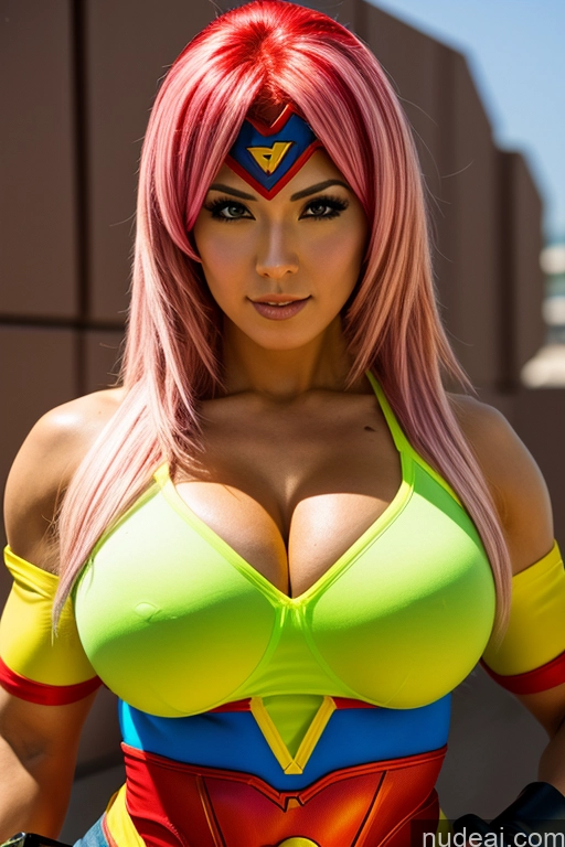 ai nude image of araffe woman with pink hair and a yellow top posing for a picture pics of Superhero Military Busty Small Tits Muscular Abs Front View Superheroine Cosplay