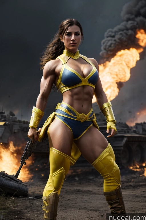 ai nude image of arafed woman in a yellow and blue outfit holding a gun pics of Military Front View Muscular Abs Superheroine Ukraine Neon Lights Clothes: Yellow Battlefield