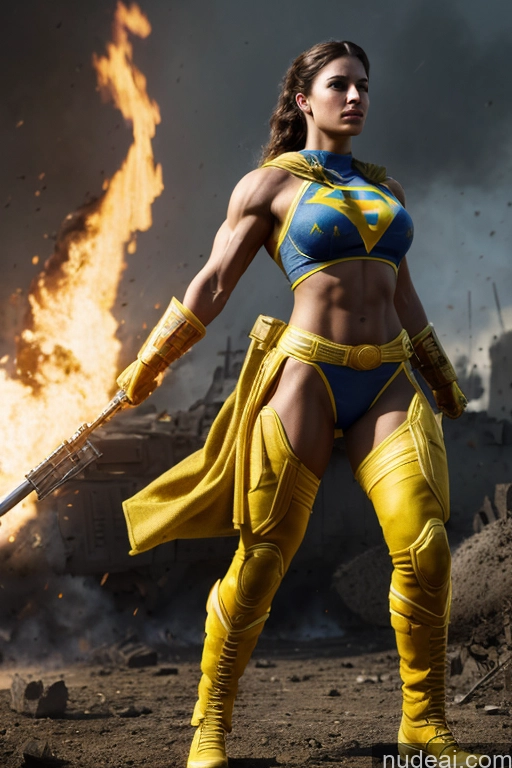 ai nude image of arafed woman in a yellow outfit holding a sword in front of a fire pics of Military Front View Muscular Abs Superheroine Ukraine Neon Lights Clothes: Yellow Battlefield Regal