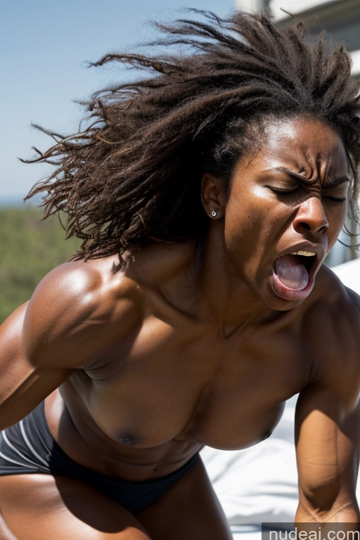 ai nude image of woman with dreadlocks on her head screaming while on a surfboard pics of Muscular Thick Pubic Hair Dark Skin Angry Serious Messy Military Woman Jumping Orgasm