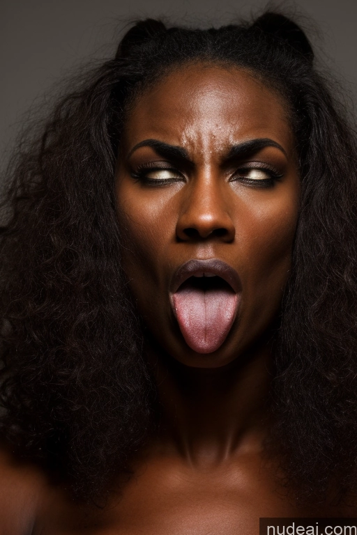 ai nude image of there is a woman with a very long black hair sticking out her tongue pics of Muscular Thick Pubic Hair Dark Skin Angry Serious Messy Military Woman Jumping Orgasm Ahegao