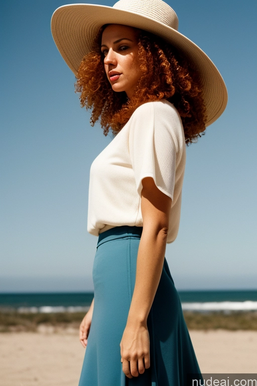 related ai porn images free for Woman One 30s Serious Ginger Curly Hair Soft + Warm 60s Big Ass White Front View Hat Long Skirt