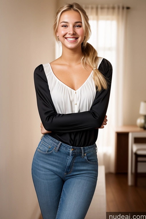 related ai porn images free for Woman One 18 Happy Blonde Ponytail White Front View Jeans Dark Lighting Blouse