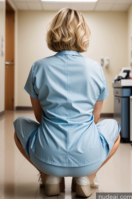 ai nude image of arafed woman in blue scrub suit sitting on the floor in a hospital pics of Milf Busty Beautiful Perfect Boobs Happy British Detailed 40s Blonde Suit Back View One Squatting Hospital Nurse Bobcut