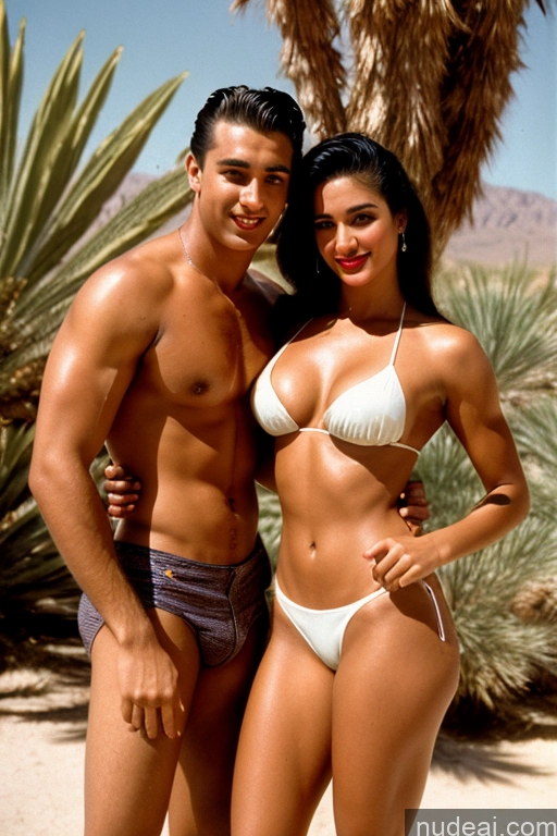 ai nude image of they are two people posing for a picture in the desert pics of 18 Bright Lighting Oiled Body Lipstick Tanned Skin Beautiful Perfect Boobs Muscular Perfect Body Abs Woman + Man Two Black Hair Front View Sexy Face Slicked Middle Eastern Vintage Oasis Cumshot 60s