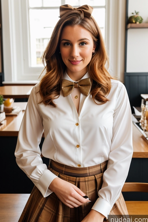 ai nude image of there is a woman standing in a kitchen wearing a skirt and a bow tie pics of Woman 20s Ginger Straight White Cafe Blouse Bows Bow Tie Jacket Long Skirt Tie Diamond Jewelry Gold Jewelry Jewelry Pearl Jewelry