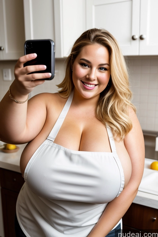 ai nude image of araffe woman in a white tank top taking a selfie in the kitchen pics of Thick Chubby Fat Blonde 30s Happy Massage Mirror Selfie Hip Hop Busty Huge Boobs Apron Topless One Transparent