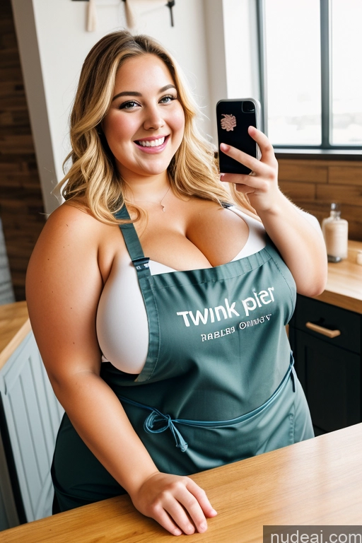 ai nude image of arafed woman in a green apron holding a cell phone pics of Thick Chubby Fat Blonde 30s Happy Massage Mirror Selfie Hip Hop Busty Huge Boobs Apron Topless One Transparent Restaurant