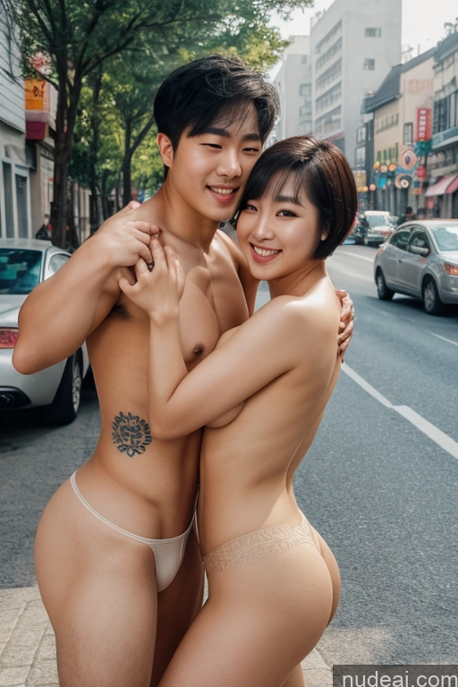 related ai porn images free for Woman + Man Two Busty Tattoos 20s Happy Black Hair Short Hair 3d Front View Nude Topless Bright Lighting Orgasm Korean T-pose Street