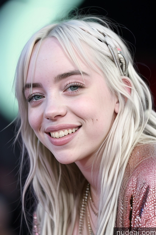 ai nude image of blond woman with long hair smiling and wearing a gold top pics of Billie Eilish Happy