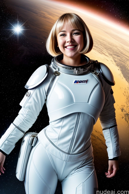 ai nude image of arafed woman in a space suit standing in front of a planet pics of Woman Beautiful Big Ass Big Hips Happy Blonde Bobcut Front View Bright Lighting Detailed 20s Space Suit Sci-fi Armor One Swedish