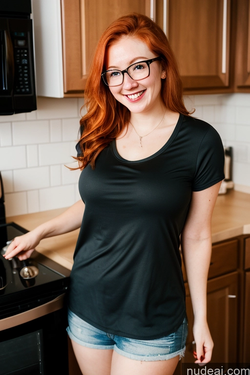 ai nude image of smiling woman in black shirt and denim shorts standing in kitchen pics of Perfect Boobs Beautiful Glasses Short Fairer Skin 20s Happy Ginger Messy Asian Kitchen Cooking Dark Lighting Casual Short Shorts