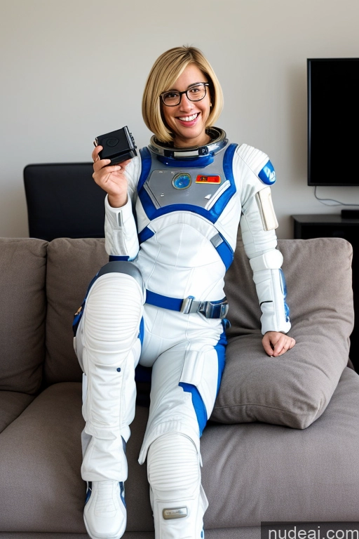 ai nude image of woman in white and blue space suit sitting on a couch holding a remote pics of Woman One Beautiful Long Legs Big Hips Laughing Blonde Bobcut British Space Suit Sci-fi Armor Detailed Gaming Couch Glasses 40s