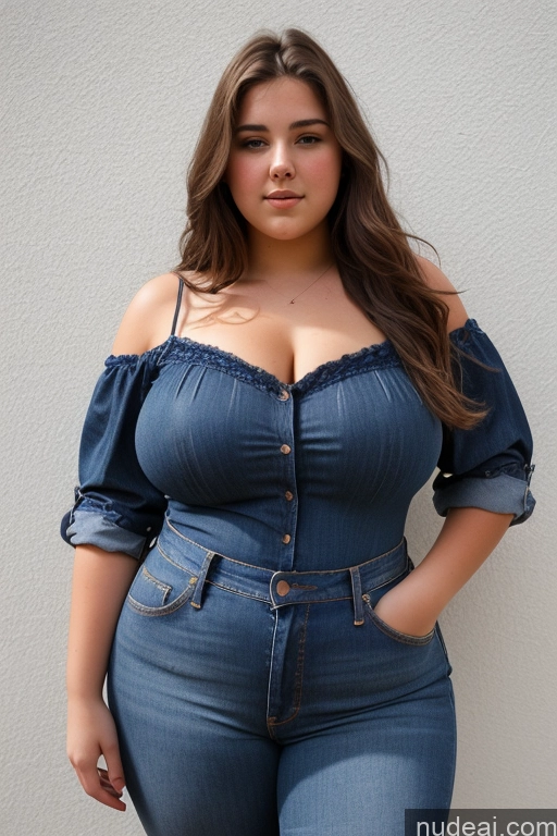 ai nude image of araffed woman in a denim top and jeans posing for a picture pics of Woman One Thick Big Ass Big Hips 18 Brunette Long Hair French Front View Jeans Chemise Chubby Blouse Small Tits