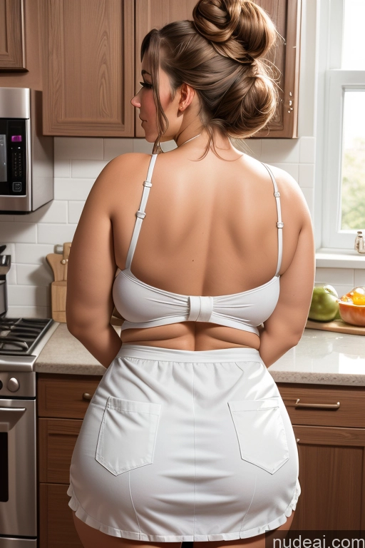 ai nude image of there is a woman in a white dress standing in a kitchen pics of Woman One Busty Huge Boobs Perfect Boobs Beautiful Big Ass Thick Big Hips British Hair Bun Kitchen Apron 18 Back View