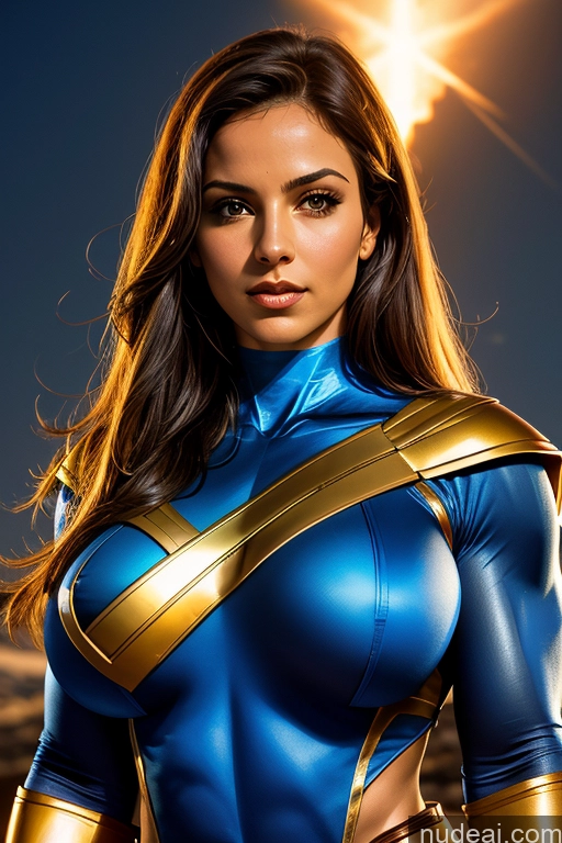 ai nude image of arafed woman in a blue and gold costume posing for a picture pics of Israel Superhero Power Rangers Busty Muscular Abs Science Fiction Style Front View Superheroine