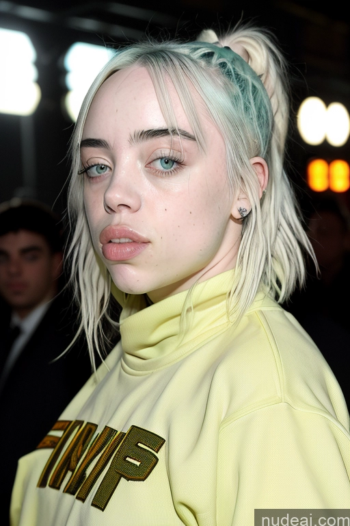 ai nude image of arafed woman with blue hair and a yellow shirt with a gold logo pics of Testicle Sucking Billie Eilish