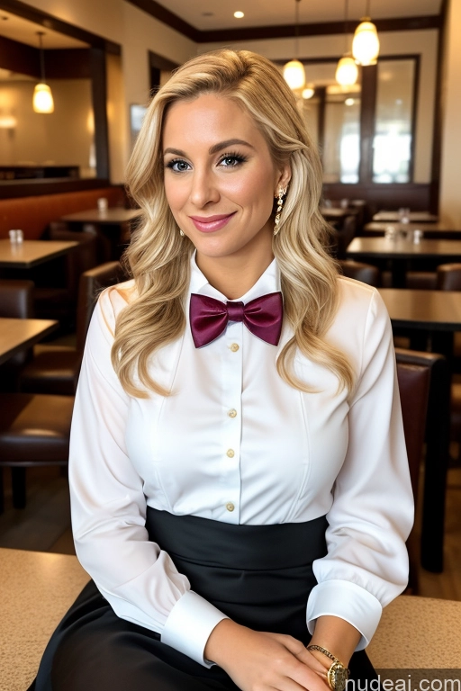 ai nude image of blond woman in a white shirt and black skirt sitting in a restaurant pics of Woman Beautiful 30s Blonde White Restaurant Blouse Bow Tie Bows Jacket Long Skirt Tie Diamond Jewelry Gold Jewelry Jewelry Pearl Jewelry