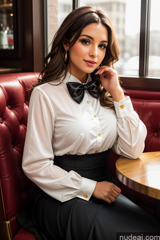 ai nude image of woman sitting in a booth with a black bow tie and white shirt pics of Woman Beautiful 30s White Restaurant Blouse Bow Tie Bows Jacket Long Skirt Tie Diamond Jewelry Gold Jewelry Jewelry Pearl Jewelry Brunette