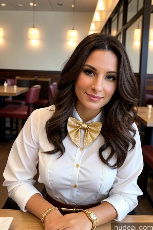 ai nude image of arafed woman sitting at a table with a plate of food pics of Woman Beautiful 30s White Restaurant Blouse Bow Tie Bows Jacket Long Skirt Tie Diamond Jewelry Gold Jewelry Jewelry Pearl Jewelry Brunette