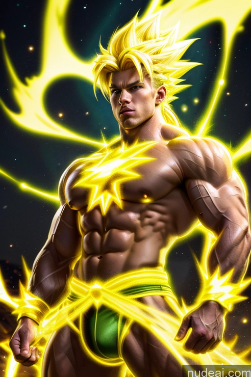 ai nude image of a close up of a man with a yellow shirt and a green underwear pics of Busty Muscular Super Saiyan 3 Super Saiyan Science Fiction Style Abs Bodybuilder Powering Up Neon Lights Clothes: Yellow Superhero