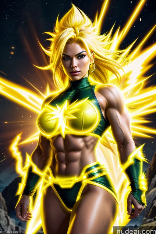 ai nude image of a woman in a yellow and green outfit standing in front of a mountain pics of Busty Muscular Super Saiyan 3 Super Saiyan Science Fiction Style Abs Powering Up Neon Lights Clothes: Yellow Superhero Superheroine