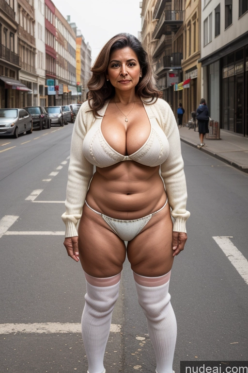 ai nude image of araffe woman in a white sweater and white stockings posing for a picture pics of Milf Busty Big Ass 70s Long Hair Indian Cleavage High Socks One Street Bikini Detailed Brunette Sweater