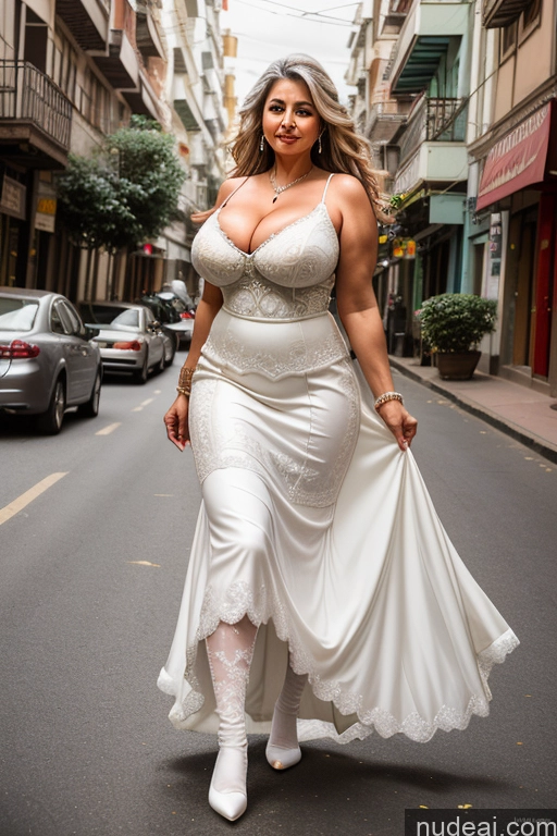 ai nude image of araffe woman in a white dress walking down a street pics of Milf One Busty Big Ass Thick 70s Long Hair Indian Cleavage Thigh Socks Wedding Street Long Skirt