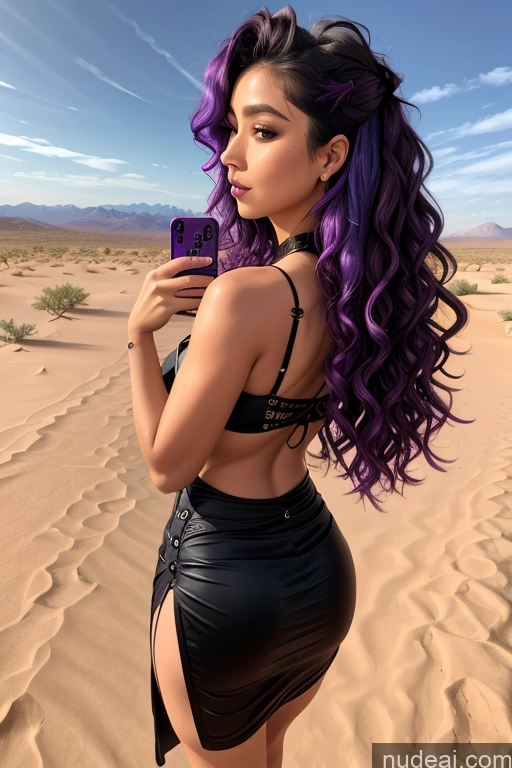 ai nude image of araffe with purple hair and a black top in the desert pics of Purple Hair Curly Hair Thai Mirror Selfie Desert Bending Over Back View Goth