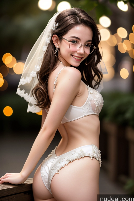 ai nude image of arafed woman in a wedding dress and glasses posing for a picture pics of Detailed Dark Lighting Jewelry Small Tits Small Ass Woman 18 Happy Brunette Glasses Fairer Skin Skinny Short Wedding