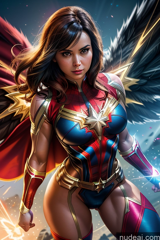 ai nude image of a close up of a woman in a costume with wings pics of Busty Muscular Abs Superhero Spider-Gwen Mary Thunderbolt Captain Marvel Hawkgirl Power Rangers Superheroine Powering Up