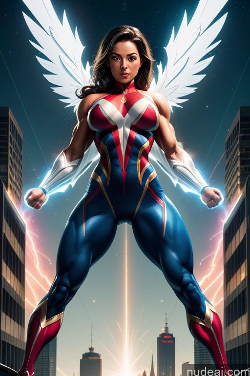 ai nude image of a close up of a woman in a superhero costume standing in front of a city pics of Busty Muscular Abs Superhero Spider-Gwen Mary Thunderbolt Hawkgirl Power Rangers Powering Up Dynamic View Science Fiction Style Heat Vision Bodybuilder