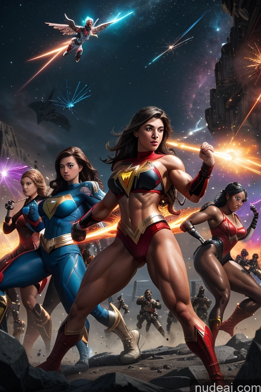 ai nude image of a close up of a group of women in superhero costumes pics of Busty Muscular Abs Superhero Spider-Gwen Mary Thunderbolt Hawkgirl Power Rangers Powering Up Dynamic View Science Fiction Style Heat Vision Captain Planet Several Bodybuilder Battlefield