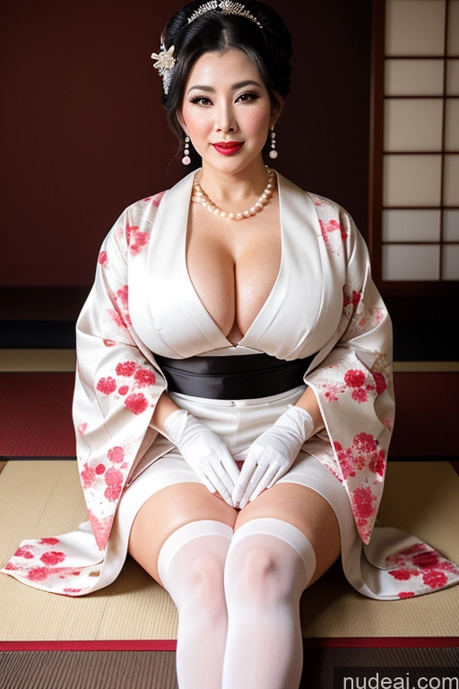 ai nude image of araffe woman in a kimono sitting on a mat with a flowered dress pics of Milf Busty Perfect Boobs Lipstick Perfect Body Black Hair Hair Bun Onsen Geisha Gloves Kimono Wedding Thigh Socks Transparent Jewelry Pearl Jewelry Chubby 40s