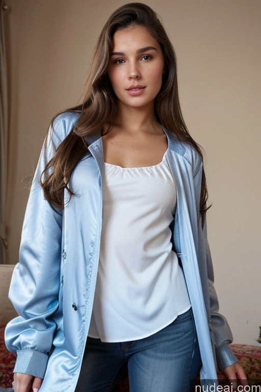 ai nude image of arafed woman in a blue jacket and jeans posing for a picture pics of Woman One Chubby 18 Brunette Long Hair French Front View Blouse Bomber Dress Chemise Trench Coat Jeans Serious