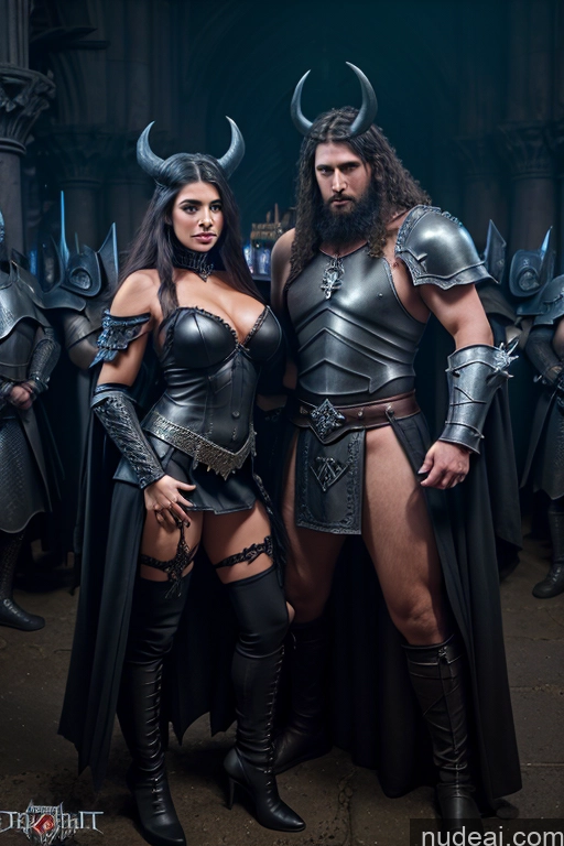 ai nude image of arafed couple dressed in armor posing for a picture pics of Perfect Boobs Knight Medieval Fantasy Armor Pubic Hair Perfect Body Dark Lighting Goth Long Hair Fantasy Style Jeff Easley Detailed Death Knight Viking Tribal Military Woman + Man Several