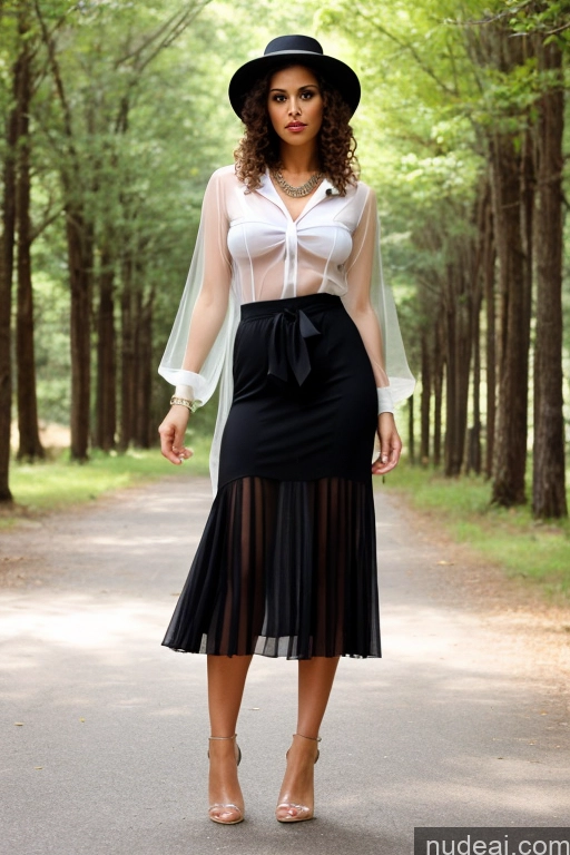 ai nude image of araffe woman in a black skirt and white shirt and hat pics of Woman One Busty Long Legs Big Ass Tall 30s Serious Brunette Curly Hair White 60s Long Skirt Hat Transparent Jewelry Tie