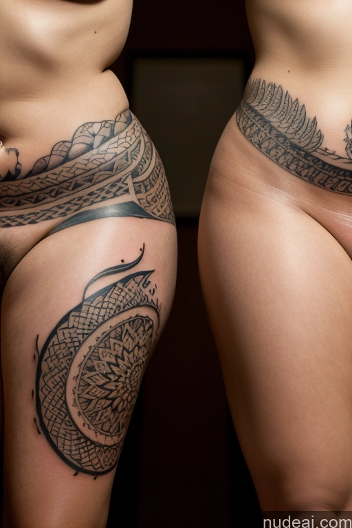 ai nude image of two women with tattoos on their bodies showing their butts pics of Sad Two Big Hips Oiled Body Tattoos